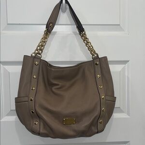 Michael Kors Brown Leather Shoulder Bag with Gold Chain Strap and Accents